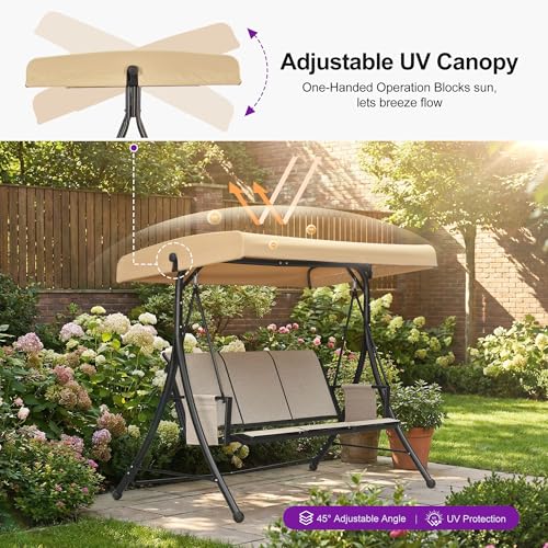 Image of PURPLE LEAF Porch Swing with Adjustable Tilt Canopy 3-Seat Patio Swing with Stand and Metal Steel Frame All-Weather Outdoor Swing Chair Seat for Backyard Garden Deck Balcony (Silver Grey)