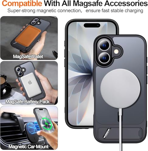 Image of Elzzi Translucent Matte Kickstand Compatible with Mag-Safe Case for iPhone 17, Built-in Adjustable Camera Stand, Magnetic Mag-Safe Shockproof Phone Cover (Black)