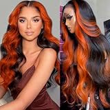 GAIWAC Ginger Orange Ombre 13x6 Lace Front Wigs Human Hair Skunk Strip 200% Density Body Wave Ginger Colored Human Hair Wig Ombre Pre Plucked HD Transparent Lace Frontal Colored Wig For Women 26 Inch