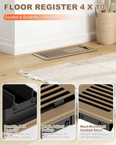 Image of 4 x 10 Floor Register, 8 Pack Brown Vent Covers for Home Floor, Heavy-Duty Steel Registers with Adjustable Airflow, Easy Installation, Rust-Resistant for Living Room, Bedroom and Bathroom