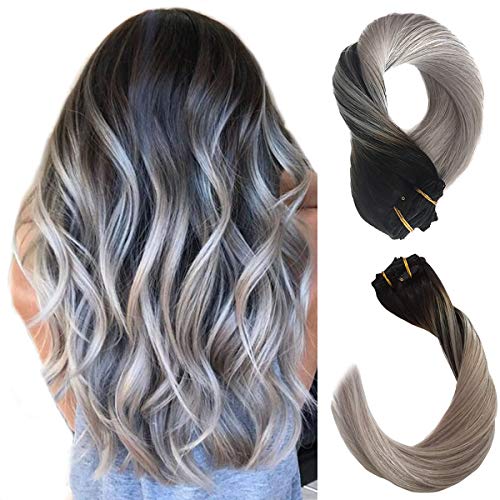 Clip in Real Hair Extensions Thicken Ombre Natural Black Fading to Silver Gray 9A Brazilian Hair 120G 7 Pcs Double Weft Silky Straight Human Hair Remy Clip in Extensions Full Head 16" for Women Girls