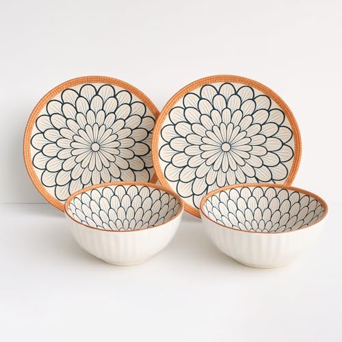 Image of YELONA Japanese Style Ceramic Dinnerware Set of 4 (2 Bowls + 2 Plates) | 11.5cm Bowls (300ml), 20.5cm Plates - Floral Design | Microwave & Dishwasher Safe | Rustic Modern Kitchen Crockery