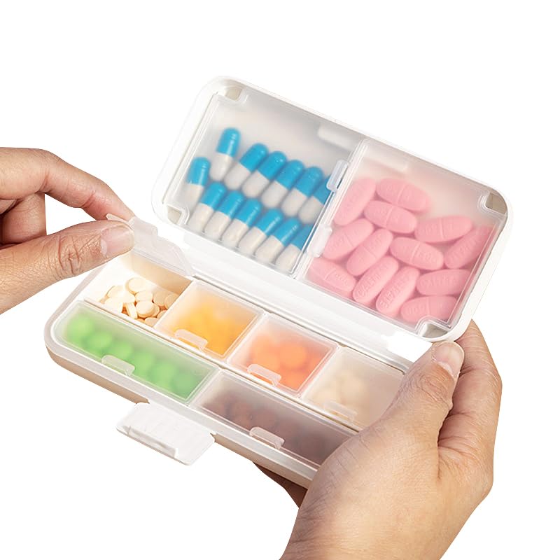 ZYTECO Portable Pill Organizer, 8 Compartments Portable Pill Case, Small Pill Box for Pocket Purse Portable Medicine Vitamin Container Daily Medicine Travel Essentials Beige