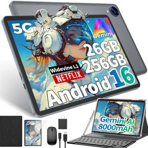 Image of Android tablet 10 inch, Android 16 Tablet with Keyboard, 26GB+256GB+2TB Expand, 2 in 1 Tablet with Gemini AI, 8-Core, 8000mAh, Widevine L1, GMS, Electronics Tablets with Case /Mouse /Stylus-Black Case