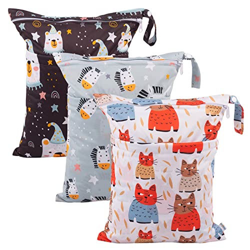 Image of babygoal Wet Dry Bags for Baby Cloth Diapers, Washable Travel Bags, Beach, Pool, Gym Bag for Swimsuits & Wet Clothes with Two Zippered Pockets 3 Pack, 3LN26
