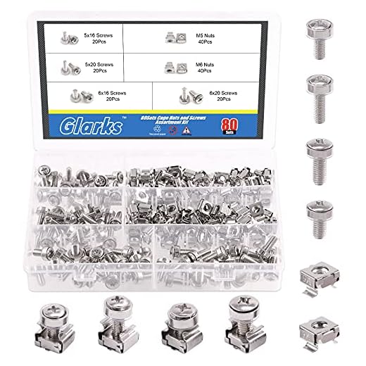 Glarks Juego de tornillos y tuercas de jaula M5 M6, 80 unidades, 160 unidades, tuercas de jaula y tornillos de montaje para rack y gabinete de servidores (M5x16 mm, M5x20 mm, M6x16 mm, M6x20 mm)