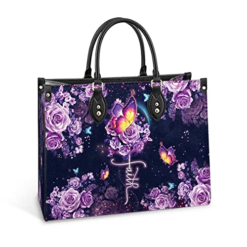 64HYDRO Faith Purple Butterfly Rose Flower Women Handbag Shoulder Bag - Travel Work Leather Bag - NN