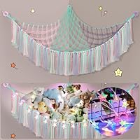 Teddy Hammock with LED Light, Boho Decor Plush Toy Storage Net, Teddy Bear Soft Toy Storage, Hand Woven Plush MacrameToy Hammock for Stuffed Animals Pink Blue Purple