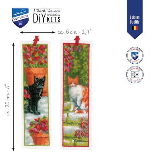 Image of Vervaco Cross Stitch Embroidery Kit for Adults, Cross Stitch Set Pre-printed with Embroidery Design on 100% Cotton Fabric, Embroidery Templates 2,4 x 8 Inches - 6 x 20 cm, Set of 2, Bookmark Kit, Cats