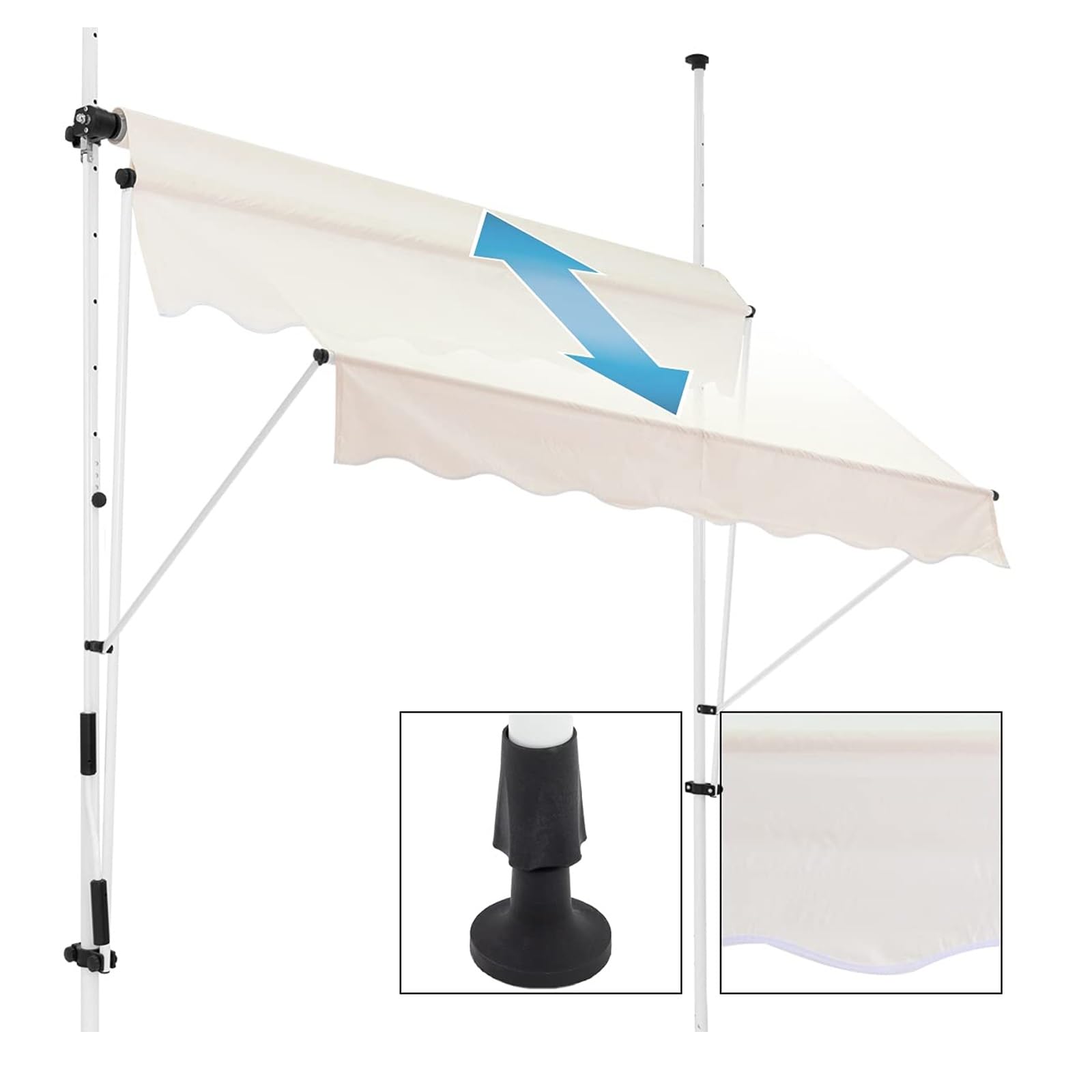 Patio Retractable Awning – Free Standing Manual Awning, 2.5m/98.5in Width, Height Adjustable, No Drill Installation