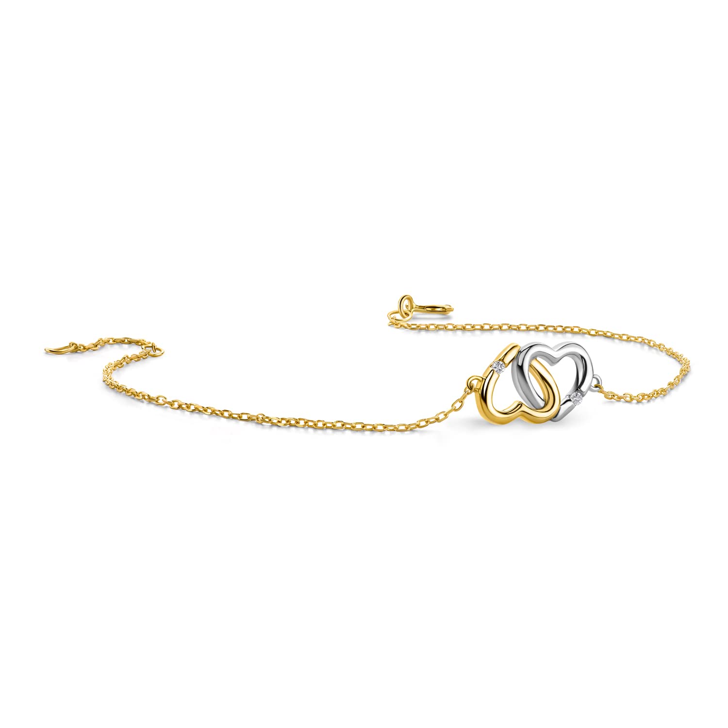 MIORE Bracciale Donna con Catena e Due Cuori con Diamanti naturali in Oro Giallo Oro Bianco. Catenina e Cuori Anallergici in Oro Vero 9KT 375. Braccialetto Cm 18 Riduzione a Cm 16.