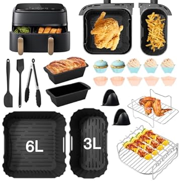 KKSJK 25 Pezzi Accessori Friggitrice ad Aria per Philips Dual Basket Air Fryer NA350/3000/5000 Serie, 6L+3L Stampo in Silicone per Friggitrice ad Aria Philips Airfryer con Griglia e Stampo per Dolci
