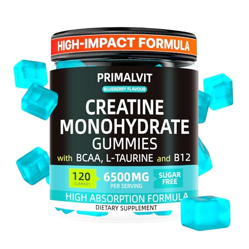 120 Creatine Gummies 6500mg Sugar-Free Complex – 40-Day Supply – Pre-Workout Creatine Monohydrate + BCAA, L-Taurine, B12 – Max Strength Chewable Gym Supplement Vegan Gummy Chews Men & Women Primalvit