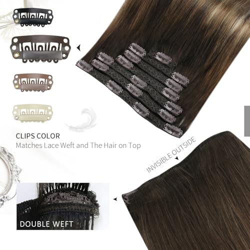 Moresoo Clip in Hair Extensions Real Human Hair Balayage Hair Extensions Clip in Dark Brown to Light Brown with Dark Honey Blonde 14 inch 5 Pcs/80G #4/10/16 - Image 5