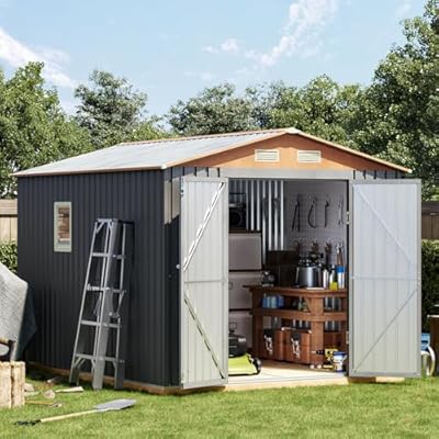 10×8FT Metal Shed & Outdoor Storage Shed with Floor Frame,Steel Tool Multi-used Shed with Vents,Lockable Doors,Window,Compact Tool Shed for Backyard, Patio, Lawn and Garden Various Storage(Matte Gray)