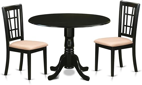 East West Furniture DLNI3-BLK-C - Juego de comedor de 3 piezas que contiene una mesa de comedor redonda con gotas y 2 sillas de cocina tapizadas de