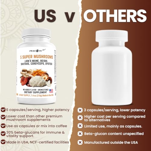 Image of 5 Mushrooms Supplement, 180 Count - Lion's Mane, Reishi, Shiitake, Cordyceps, Oyster Immune & Brain Supplement for Memory and Focus, Lions Mane Mushroom Blend