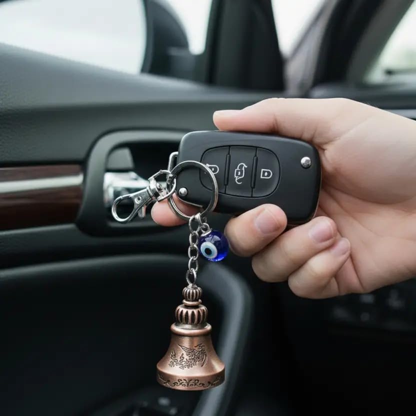 Image of Techpro Guardian Bell KeyChain Tibetan Key Chain Good Luck Key Chain For Bike (Bronze Bell With Evil Eye)