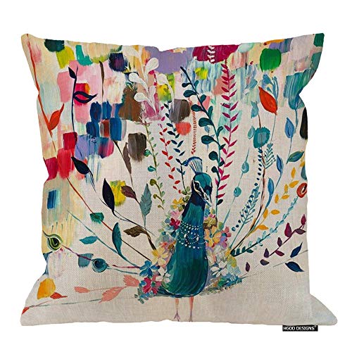 HGOD DESIGNS Watercolor Birds Peacock Elk Cotton Linen Decorative Throw Pillowcase Cushion Cover (Peacock) 18X18 Inches