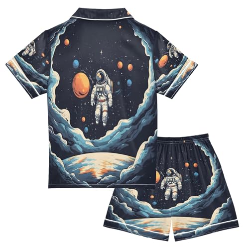 ALAZA Space Astronaut Funny Satin Pajamas Set Short Sleeve Button Down Sleepwear Summer Pjs 2 Piece2
