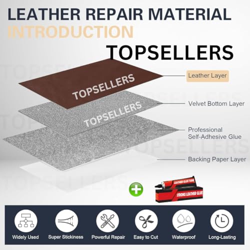 Image of TOPSELLERS Leather Repair Patch with Extra Strong 2 Glue Tube - Premium Self-Adhesive Leather for Sofas, Car-Bike Seats, Chairs, and More - High Durability and Proven Repair Solution (BROWN-2)