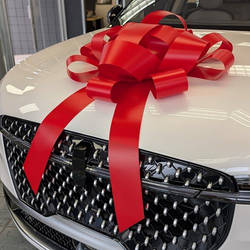 Image of CarBowz Big Car Bow for Car Decorations and Birthday Car Gifts, Large Bow Ribbon, Magnet, Car Safe Sticker Included, Fully Assembled 30 inch Wide Huge Bow, No Suction Cup Needed (Red)
