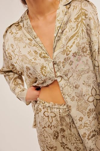 Image of Women Satin Pajama Set Floral Silk Pajamas 2 Piece Lounge Sets Button Down Shirts Wide Leg Pants Pjs Sleepwear