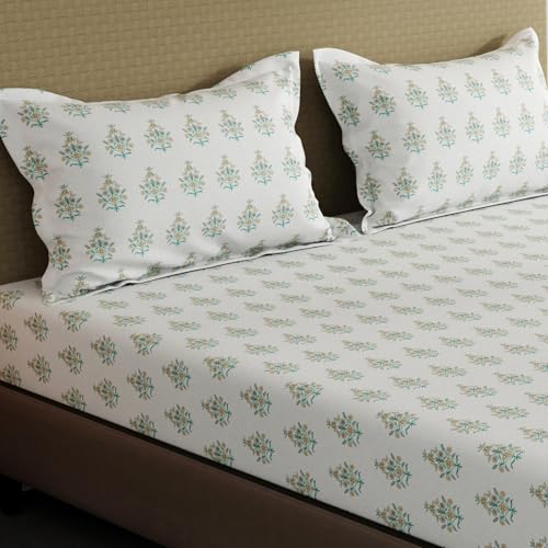 Image of Layers 100% Cotton Bedsheet for King Size Bed | Lumina Floret Collection | 144 TC Soft & Breathable | Floral Print with 2 Pillow Covers | Wrinkle Free & Colorfast | 3 Piece Bedding Set - White