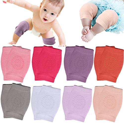 8 Pairs Unisex Baby Crawling Anti-Slip Knee Pads Toddler Knee Protectors Learn to Crawl Socks Leg Warmers (Red Pink Purple Series)