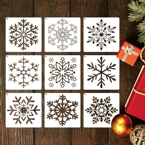 9 Pcs 6inch Christmas Snowflake Stencils for Painting, Winters Snow Stencil Snowflake Paint Window Template for Drawing on Window Glass Card DIY Craft Project Wall Door
