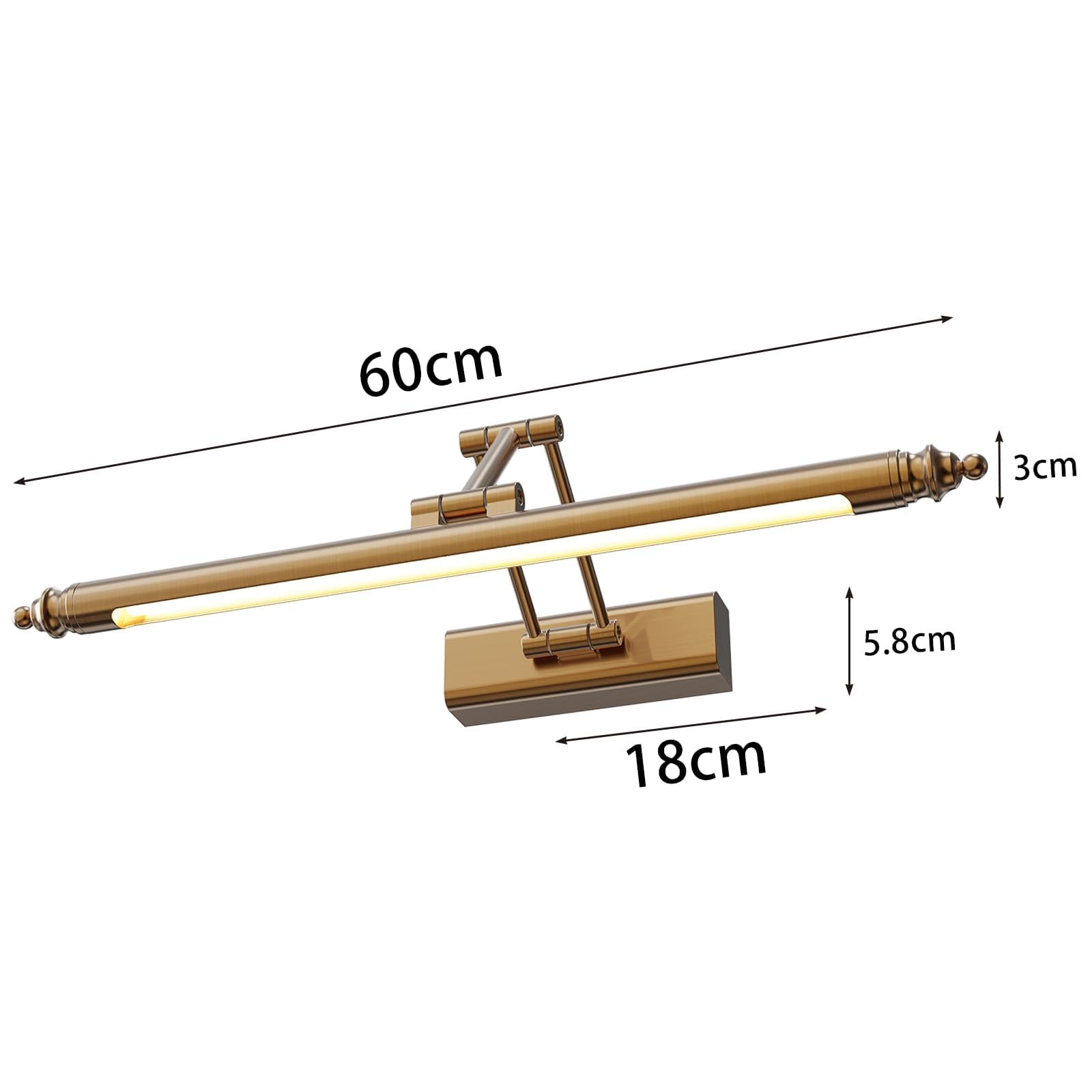 Lampe Miroir Salle de Bain Vintage, LED Applique Murale Salle de Bain Laiton Rétro, Rotatif Applique Salle de Bain Rotatif en Acier Inoxydable, Blanc Chaud 3000K, IP44 Étanche (60CM12W)