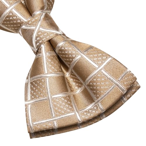 Image of Hi-Tie Champagne Bow Ties for Men Plaid Dots Handkerchief with Cufflinks Mens Bowtie Sets for Wedding Formal Party