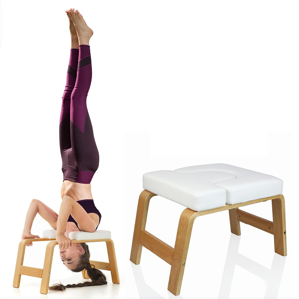 Panca per Verticale per Yoga,Struttura in Legno Massello di Faggio,Sedia per Inversione Yoga con Cuscino Spesso,Panca per Verticale con Piedi Sollevati,Bianco