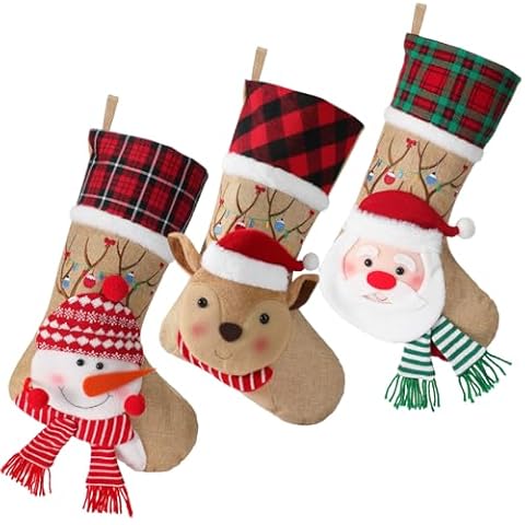 Tavaleu Christmas Stockings, 15.5" Christmas Stocking Deer Santa Snowman Burlap Plaid Xmas Stocking Holiday Christmas Decoration for Family Kids Cover