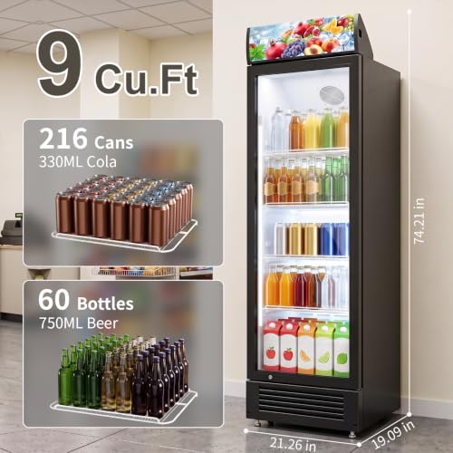 Image of Erivess 9 Cu.Ft Commercial Refrigerators with Double-Tempered Glass Door | Beverage Display Fridge with 7 Level Temp, Merchandiser Drink Fridge with LED Light & Locking Caster for Bar Restaurant Shops