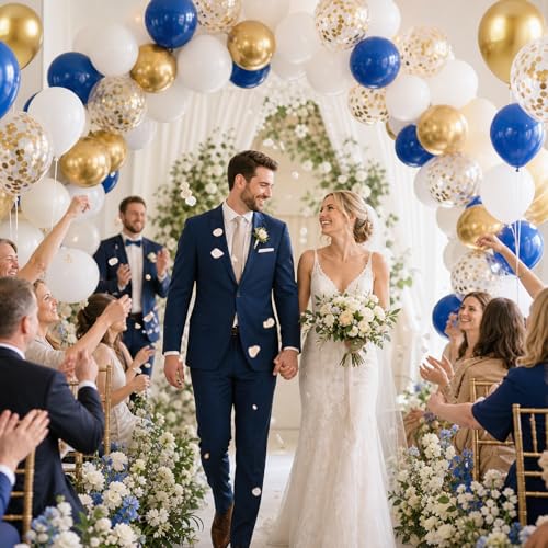 Image of KBZVNAF Royal Blue Gold White Balloons - 60 Pack 12 inch Metallic Gold Confetti Latex Party Balloons for Birthday, Baby Shower, Wedding, Graduation Party Decorations