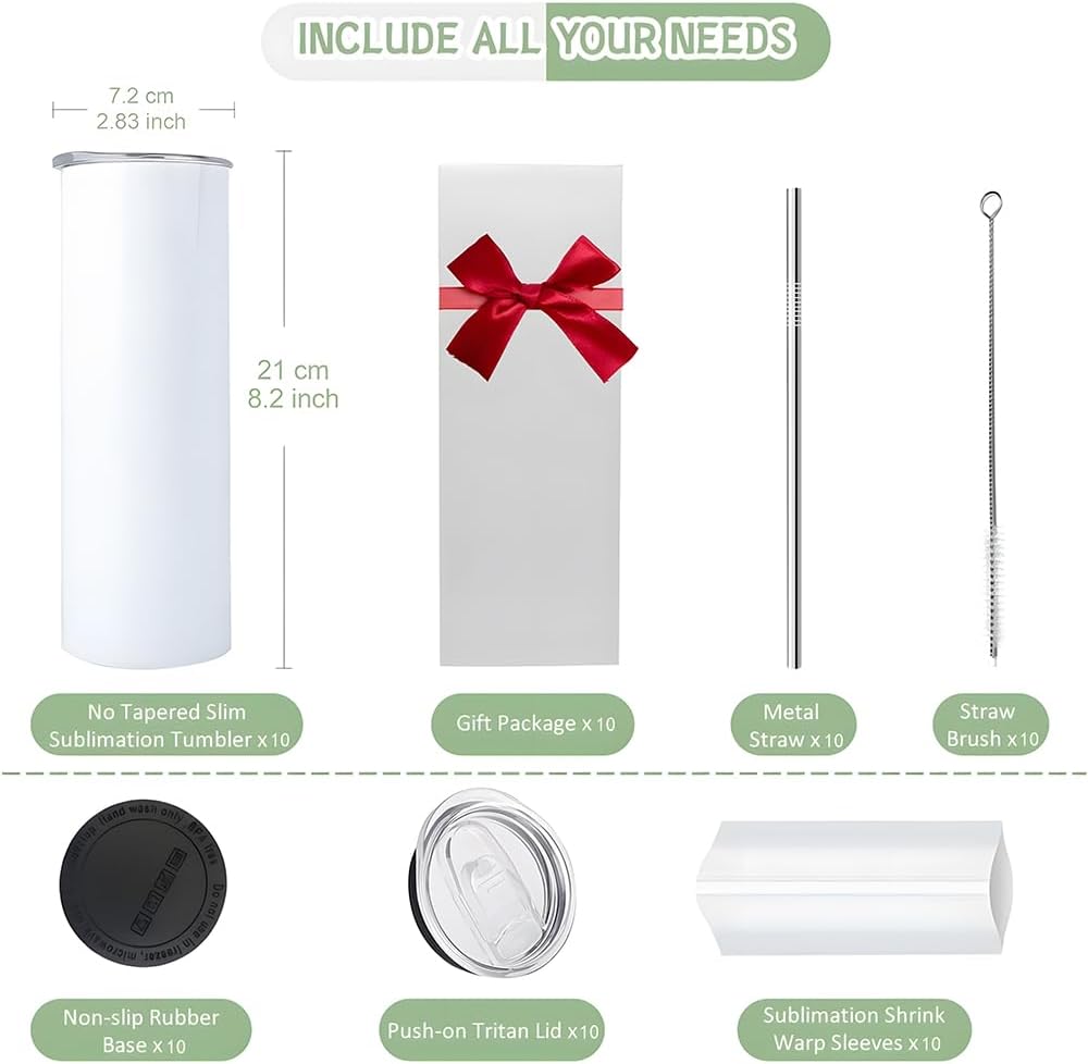 10 Pack 20 oz Sublimation Tumbler Blanks Skinny Straight Tumblers Bulk Stainless Steel Insulated Sublimation Tumblers 20oz with Lid and Straw, Gift Box - Image 2