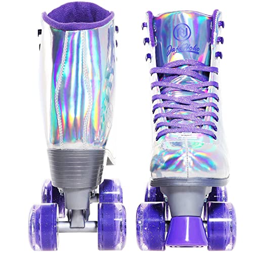 Jajahoho Roller Skates For Women, Holographic Silver High Top Pu Leather Rollerskates, Shiny Double-Row Purple Four Wheels Quad Skates For Girls And Age 8-50 Indoor Outdoor, Size 6 #TOP6