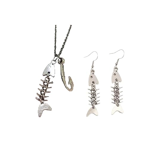 Kysin Chiys Fishbone Grunge Necklace Earrings Jewelry Set Weird Y2K Punk Dangle Earrings Skeleton Goth Fish Bone Dangle Earring for Women - Silver