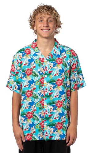 Sonic The Hedgehog Men's Hawaiian Floral Character Design Button-Up Woven Shirt