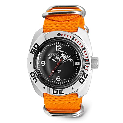 VOSTOK | Scuba Dude Amphibian Automatic Self-Winding Russian Diver Wrist Watch | WR 200 m |Fashion | Business | Casual Men's Watches | Model 710634 Orange Strap
