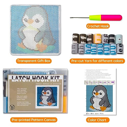 Image of YP Latch Hook Kits for Kids Adults DIY Rug Tapestry Kits with Printed Canvas Embroidery Kits Festival Gifts Home Decoration (Penguin,11.8inch X 11.8inch)