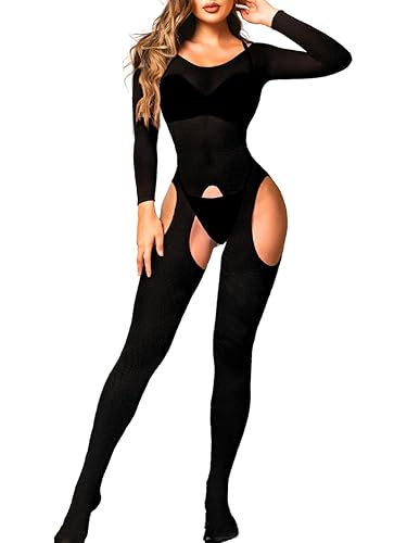 Kaei&Shi Fishnet Bodysuit For Women Fit 0-18, Sexy Long Sleeve Bodystocking, Plus Size Exotic Sheer Lingerie Glow Rave Outfit - Black
