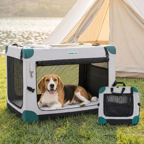 Gardner Pet 30 Inch Folding Soft Dog Crate -3 Door Collapsible Dog Crate with 2 Storage Bags and Fleece Bed, Portable Dogs Travel Kennel for Small/Medium Dogs Indoor & Outdoor, Grey