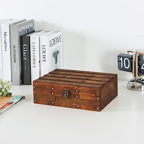 Slpr Red Wood Color Decorative Storage Box: Wooden Pirate Style Treasure Chest, Sturdy Retro Photo Storage Box, Treasure Toy Chest For Boys, Vintage Wood Crate With Lid, Rustic Small Keepsake Trunk #TOP3