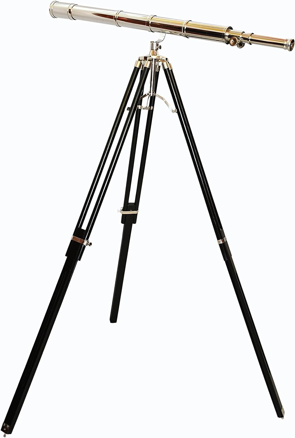 Chrome/Nickel Finish Nautical Telescope Arc Design Floor Standing Black Wooden Tripod Stand