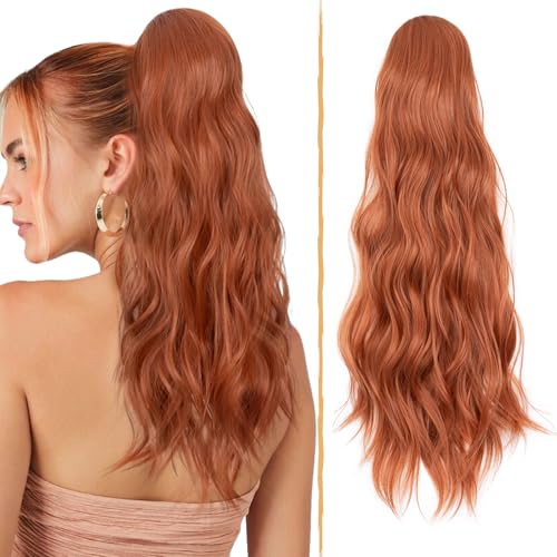 TESS Coda Capelli Extension Lunga Ondulata Riccia con Coulisse, Extension Capelli Sintetici per Donna, Coda Finta Capelli Posticcia Rame Rosso