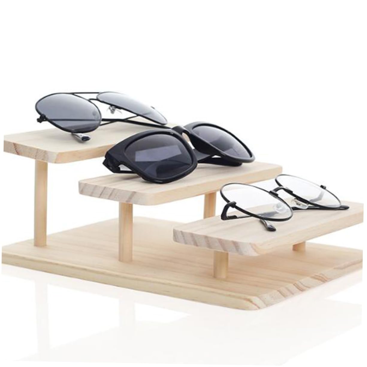 Hohopeti Elegantes Dreistufiges Holz Brillendisplay Regal Multifunktionaler Brillenhalter und Schmuck Organizer Stabiles Aufbewahrungsregal für Sonnenbrillen und Brillen für Büro Wohnzimmer