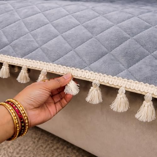 Image of DecorTwist Premium Reversible Quilted Velvet Sofa Cover for 2 & 3 Seater | Luxury Sofa Protector with Tassels | Soft, Durable & Pet Friendly | Grey /Beige & Beige (Beige, 2 Seater)