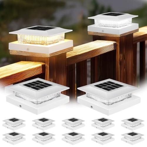 4x4 Solar Post Cap Lights 12 Pack, Fence Post Solar Lights with Warm White/Cool White, Only Fit 3.5'x3.5' Wood Posts & 4'x4' Vinyl Posts, Waterproof Outdoor Deck Post Light for Deck, Fence(White)